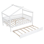 Lit double en forme de maison blanc/noyer avec lit gigogne simple, 2 couchages
