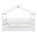 Lit double en forme de maison blanc/noyer avec lit gigogne simple, 2 couchages