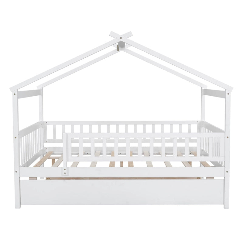 Lit double en forme de maison blanc/noyer avec lit gigogne simple, 2 couchages