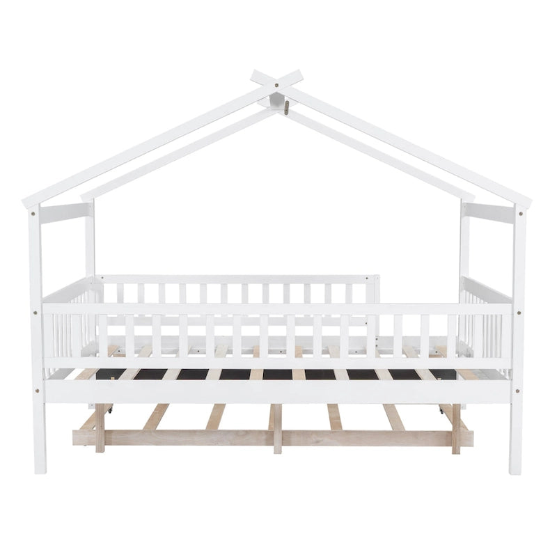 Lit double en forme de maison blanc/noyer avec lit gigogne simple, 2 couchages