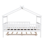 Lit double en forme de maison blanc/noyer avec lit gigogne simple, 2 couchages
