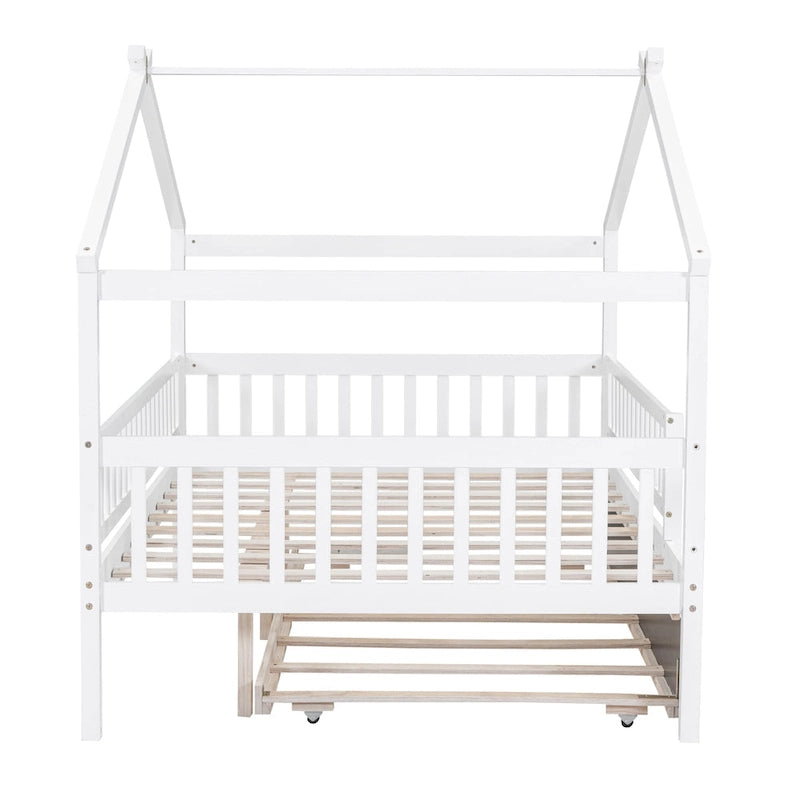 Lit double en forme de maison blanc/noyer avec lit gigogne simple, 2 couchages