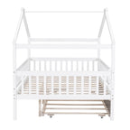 Lit double en forme de maison blanc/noyer avec lit gigogne simple, 2 couchages