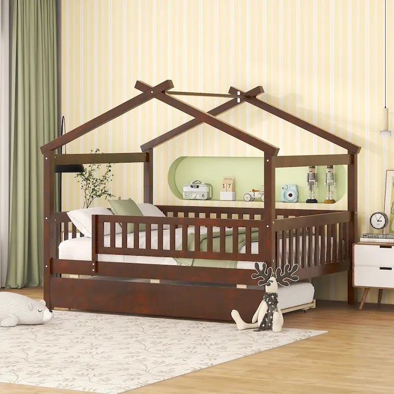 Lit double en forme de maison blanc/noyer avec lit gigogne simple, 2 couchages