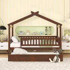 Lit double en forme de maison blanc/noyer avec lit gigogne simple, 2 couchages