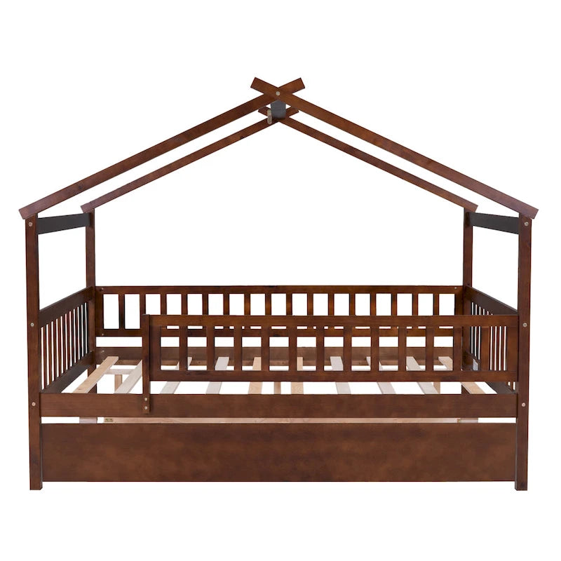 Lit double en forme de maison blanc/noyer avec lit gigogne simple, 2 couchages