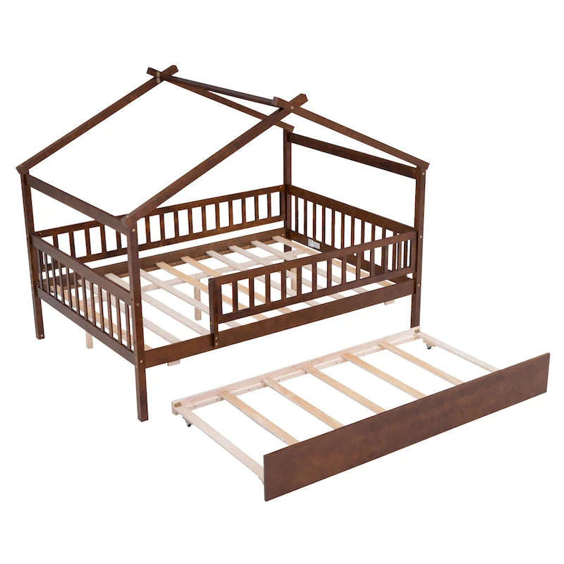 Lit double en forme de maison blanc/noyer avec lit gigogne simple, 2 couchages