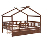 Lit double en forme de maison blanc/noyer avec lit gigogne simple, 2 couchages