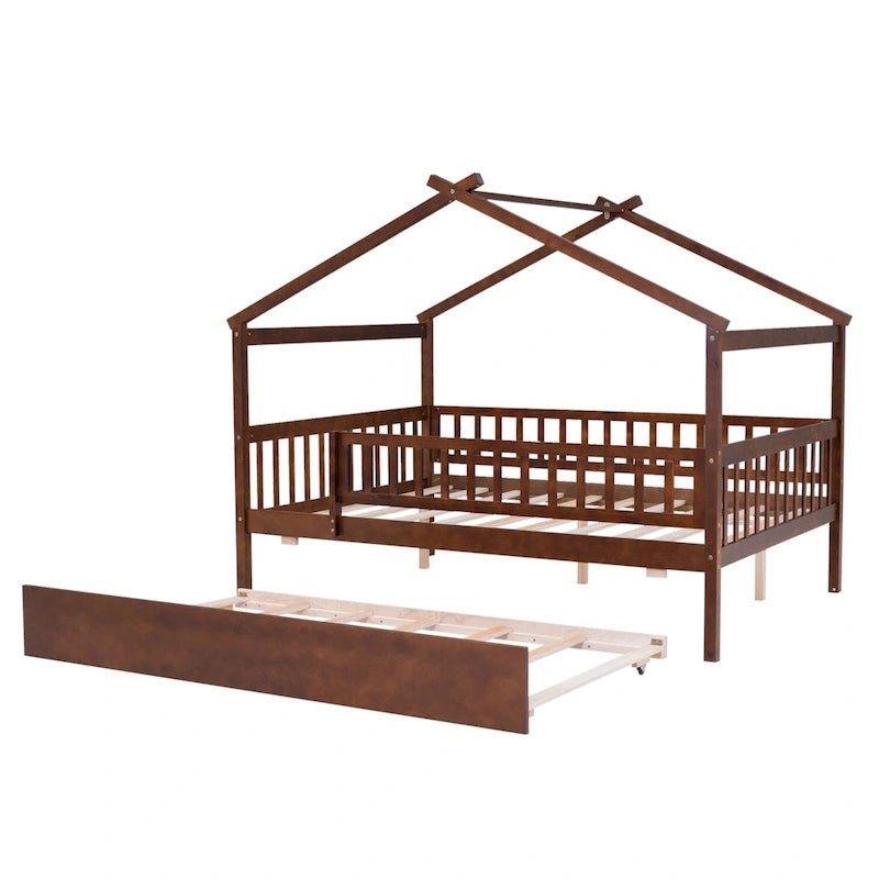 Lit double en forme de maison blanc/noyer avec lit gigogne simple, 2 couchages