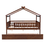 Lit double en forme de maison blanc/noyer avec lit gigogne simple, 2 couchages