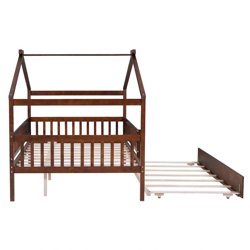 Lit double en forme de maison blanc/noyer avec lit gigogne simple, 2 couchages