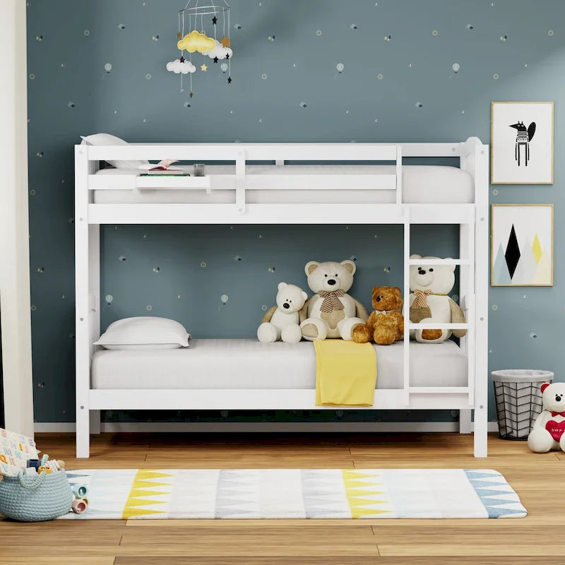 Lit superposé simple en bois massif blanc / gris / expresso avec table de nuit suspendue, 2 couchages
