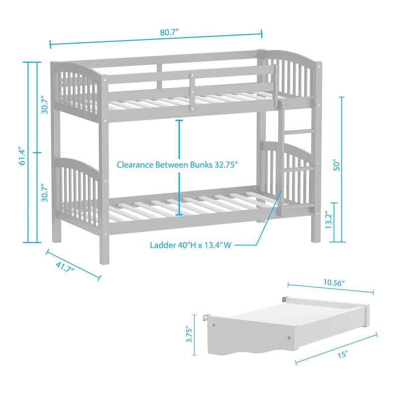 Lit superposé simple en bois massif blanc / gris / expresso avec table de nuit suspendue, 2 couchages