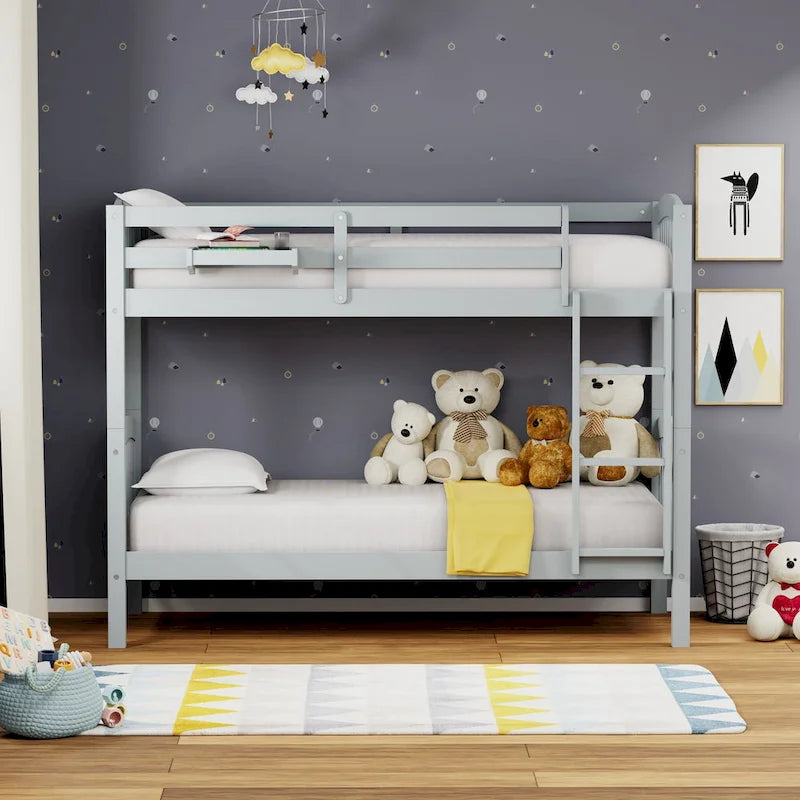 Lit superposé simple en bois massif blanc / gris / expresso avec table de nuit suspendue, 2 couchages