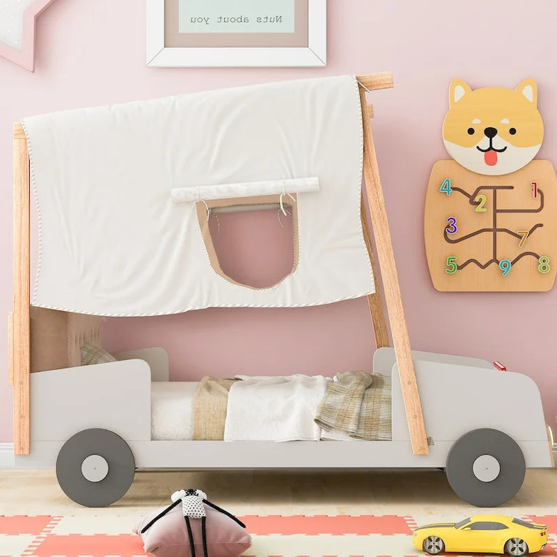 Lit jumeau en forme de voiture naturelle avec LED et tissu de plafond, simple