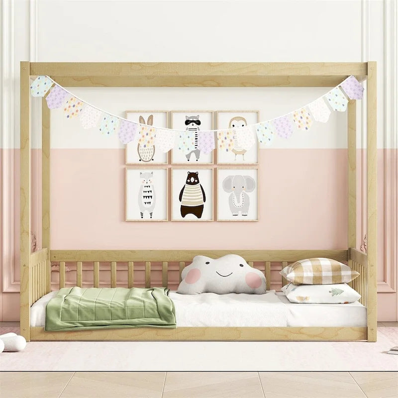 Twin Size Canopy Frame Floor Bed with Fence, Guardrails