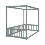 Lit double mezzanine avec cadre à baldaquin et barrières de sécurité, gris / blanc / naturel, simple