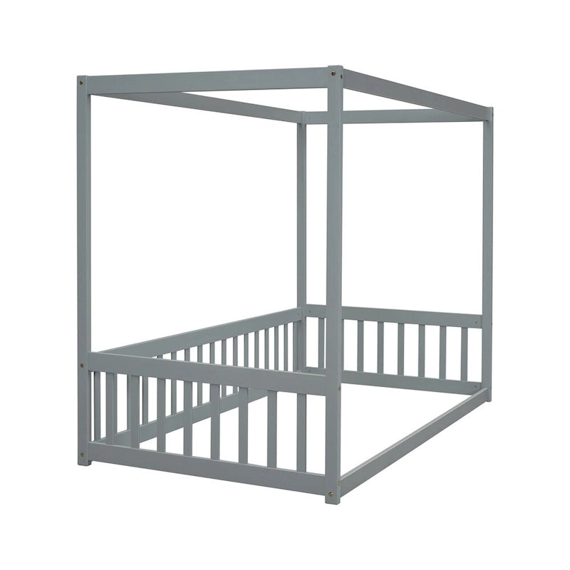 Lit double mezzanine avec cadre à baldaquin et barrières de sécurité, gris / blanc / naturel, simple