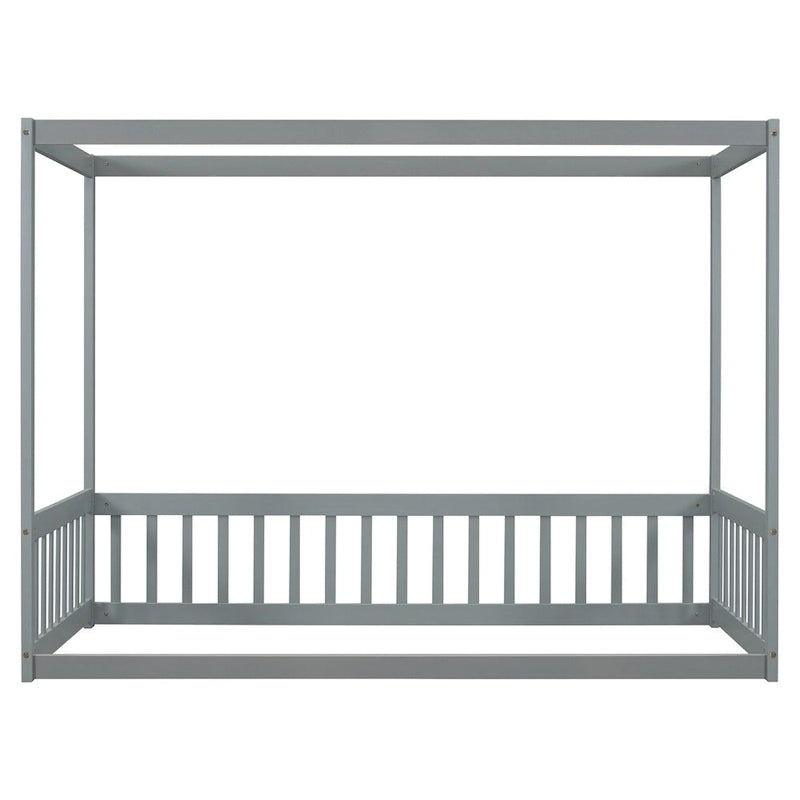 Lit double mezzanine avec cadre à baldaquin et barrières de sécurité, gris / blanc / naturel, simple