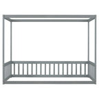 Lit double mezzanine avec cadre à baldaquin et barrières de sécurité, gris / blanc / naturel, simple