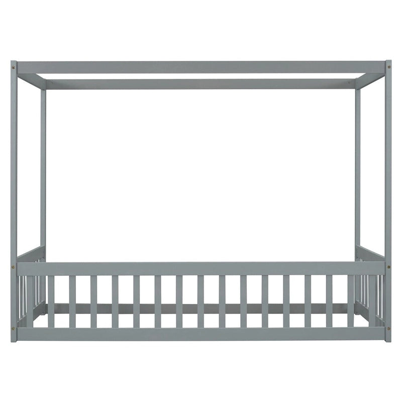 Lit double mezzanine avec cadre à baldaquin et barrières de sécurité, gris / blanc / naturel, simple