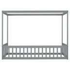 Lit double mezzanine avec cadre à baldaquin et barrières de sécurité, gris / blanc / naturel, simple