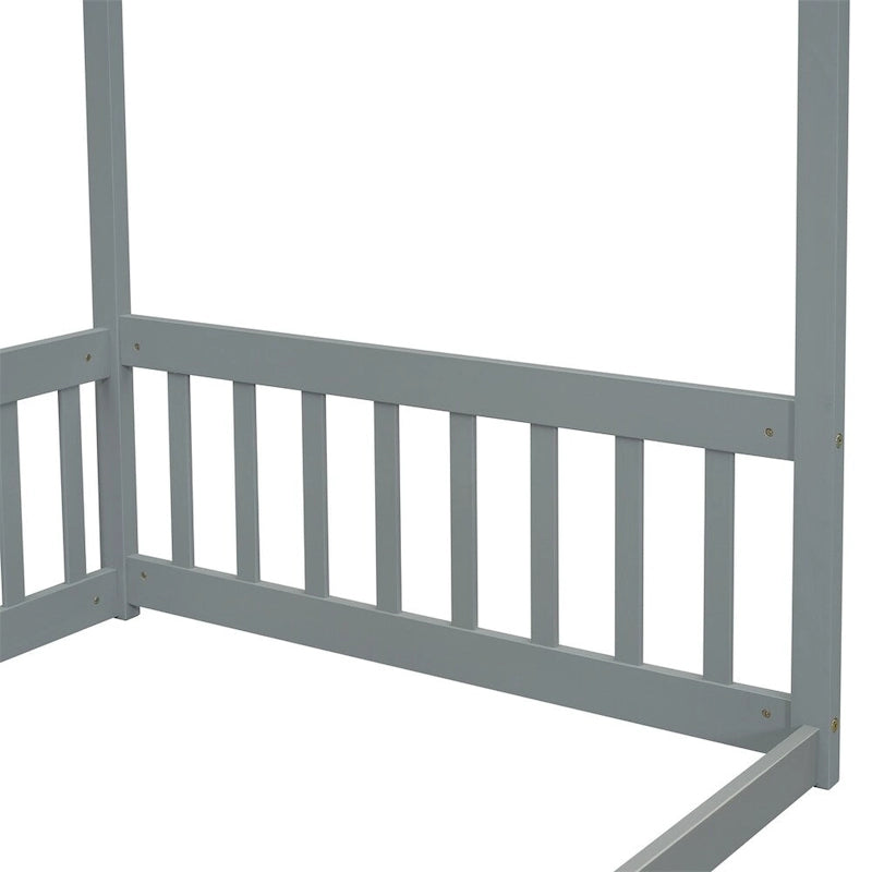Lit double mezzanine avec cadre à baldaquin et barrières de sécurité, gris / blanc / naturel, simple