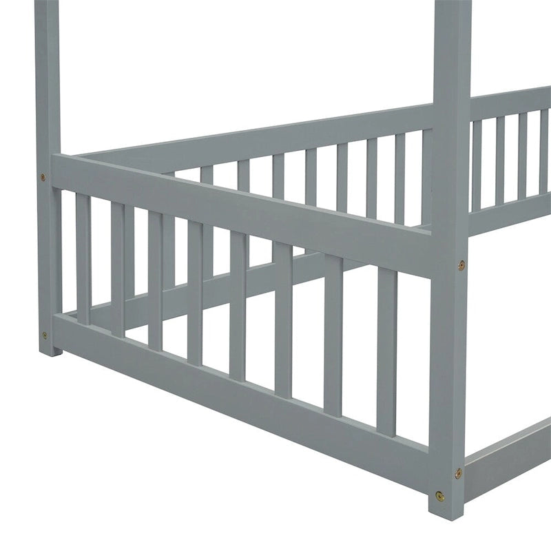 Lit double mezzanine avec cadre à baldaquin et barrières de sécurité, gris / blanc / naturel, simple