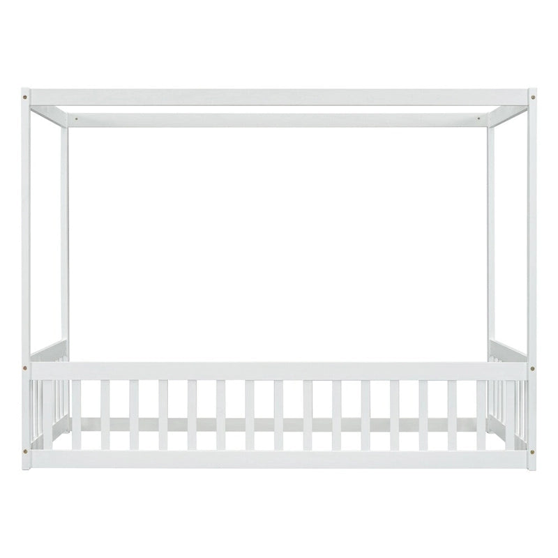 Lit double mezzanine avec cadre à baldaquin et barrières de sécurité, gris / blanc / naturel, simple