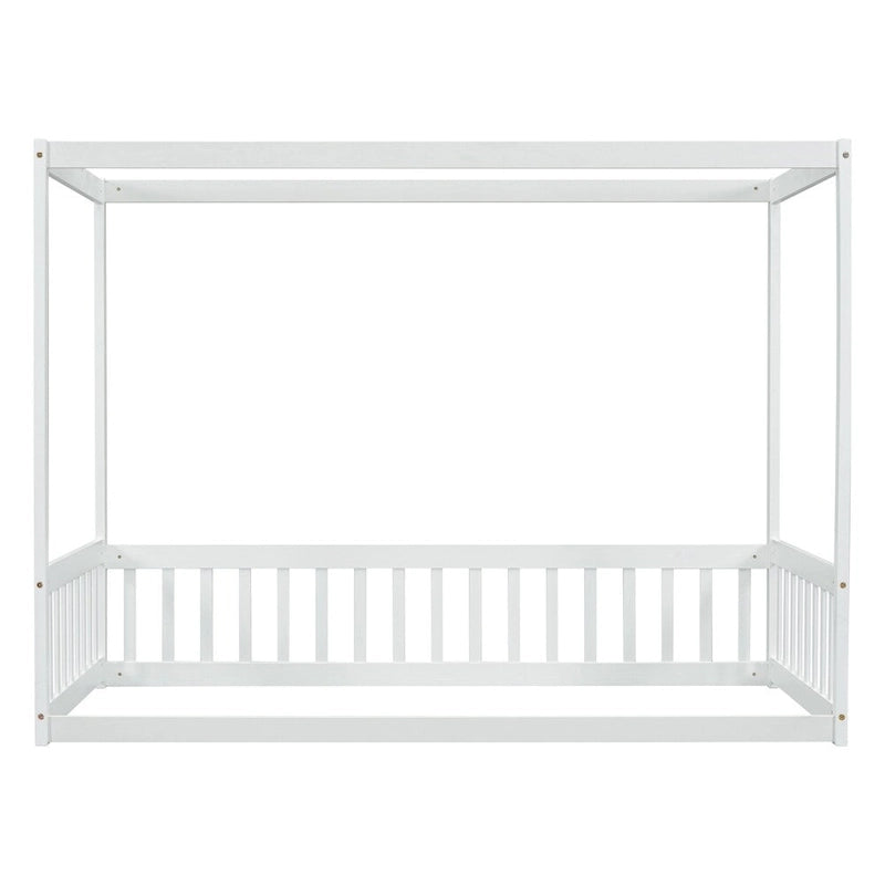 Lit double mezzanine avec cadre à baldaquin et barrières de sécurité, gris / blanc / naturel, simple