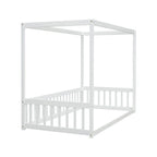 Lit double mezzanine avec cadre à baldaquin et barrières de sécurité, gris / blanc / naturel, simple