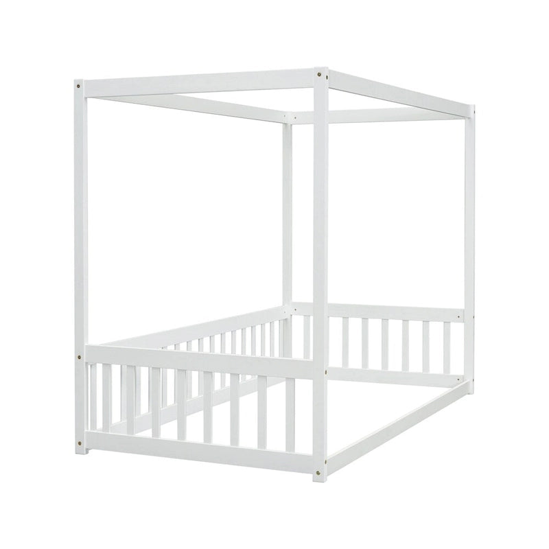 Lit double mezzanine avec cadre à baldaquin et barrières de sécurité, gris / blanc / naturel, simple