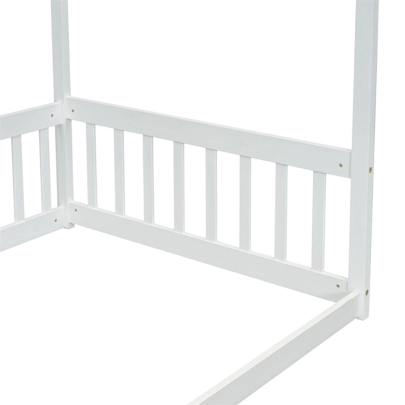 Lit double mezzanine avec cadre à baldaquin et barrières de sécurité, gris / blanc / naturel, simple
