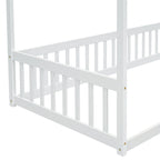 Lit double mezzanine avec cadre à baldaquin et barrières de sécurité, gris / blanc / naturel, simple