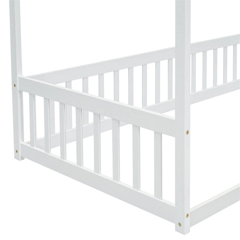 Lit double mezzanine avec cadre à baldaquin et barrières de sécurité, gris / blanc / naturel, simple