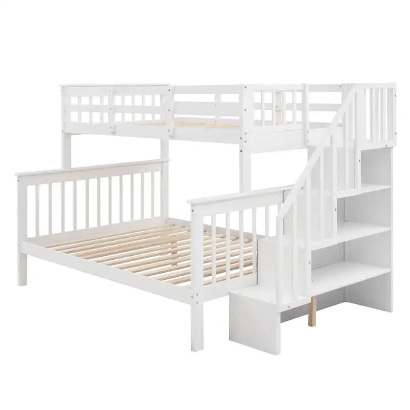 Lit superposé blanc double sur grand format avec escalier de rangement et barrière de sécurité, 2 couchages