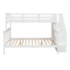 Lit superposé blanc double sur grand format avec escalier de rangement et barrière de sécurité, 2 couchages