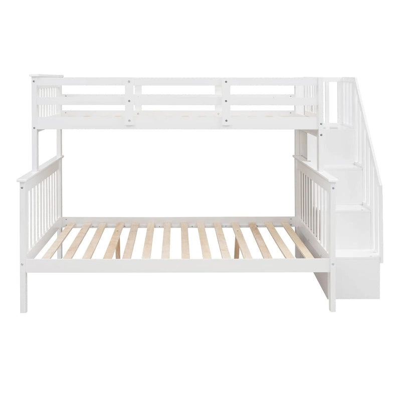 Lit superposé blanc double sur grand format avec escalier de rangement et barrière de sécurité, 2 couchages