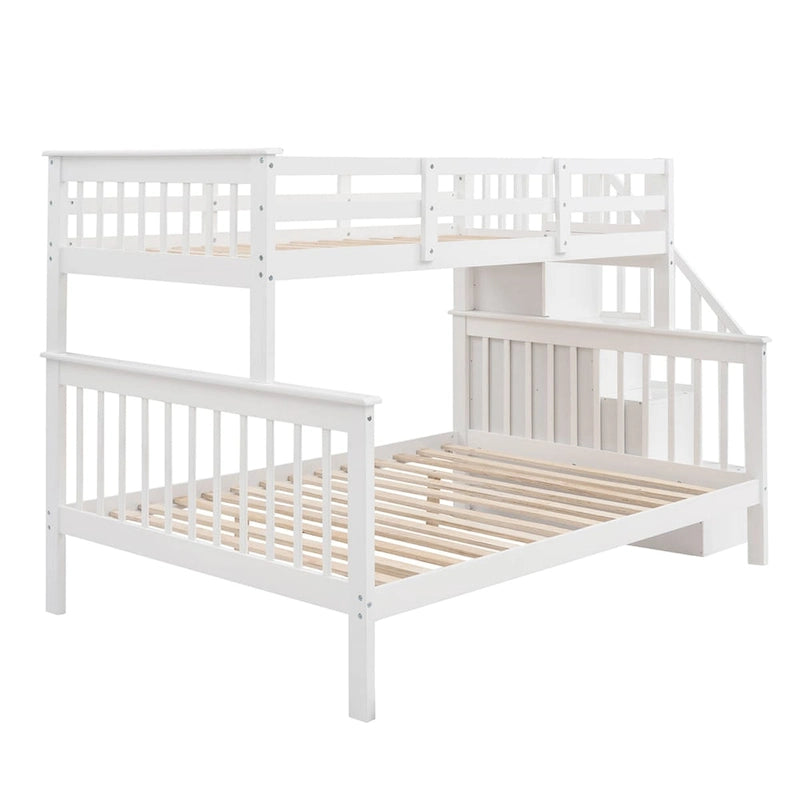 Lit superposé blanc double sur grand format avec escalier de rangement et barrière de sécurité, 2 couchages