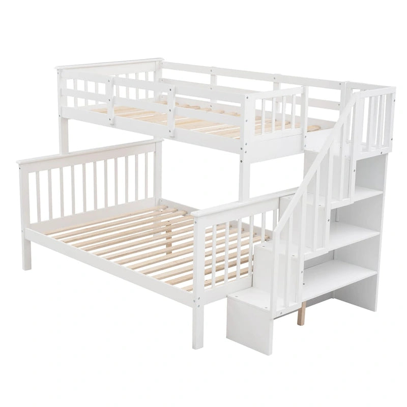 Lit superposé blanc double sur grand format avec escalier de rangement et barrière de sécurité, 2 couchages