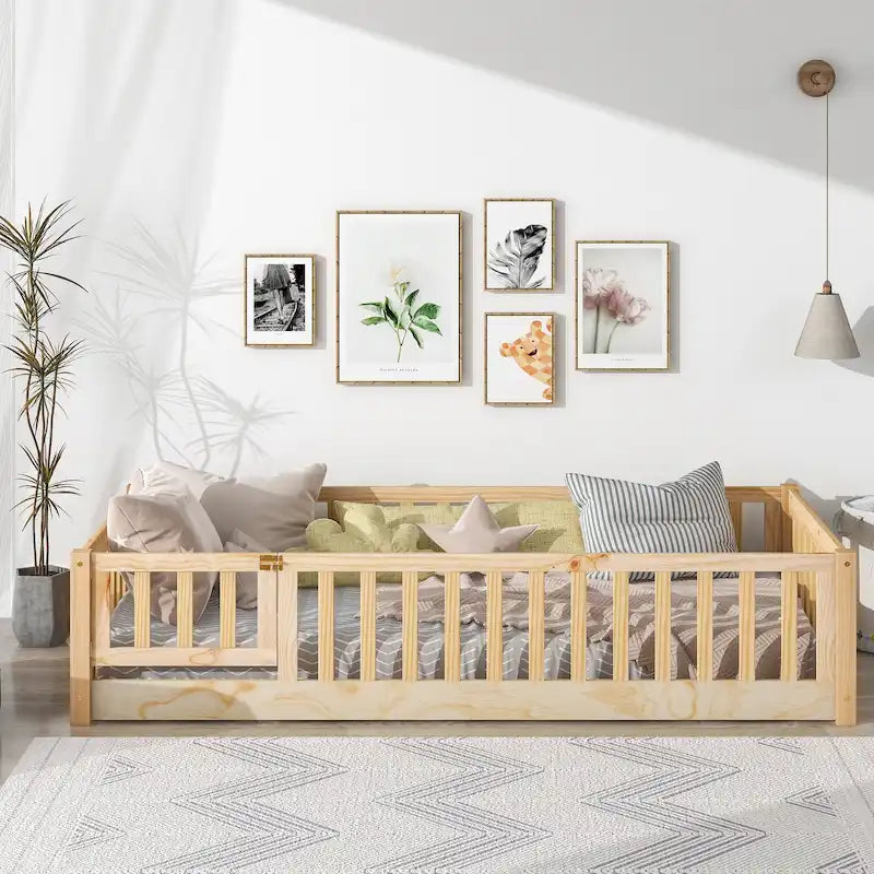 Lit jumeau au sol avec clôture et porte, 1 enfant, coloris naturel/expresso/blanc/gris