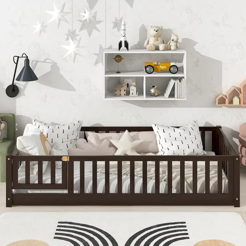 Lit jumeau au sol avec clôture et porte, 1 enfant, coloris naturel/expresso/blanc/gris