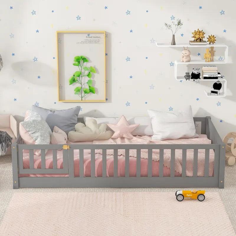 Lit jumeau au sol avec clôture et porte, 1 enfant, coloris naturel/expresso/blanc/gris