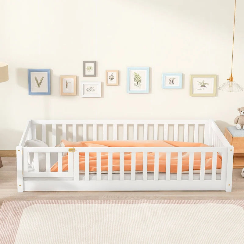 Twin size Floor Platform Bed with Fence and Door