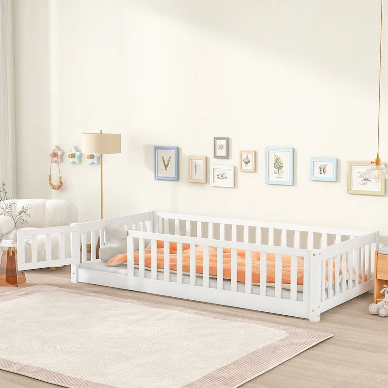 Lit jumeau au sol avec clôture et porte, 1 enfant, coloris naturel/expresso/blanc/gris