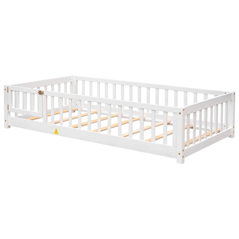 Lit jumeau au sol avec clôture et porte, 1 enfant, coloris naturel/expresso/blanc/gris