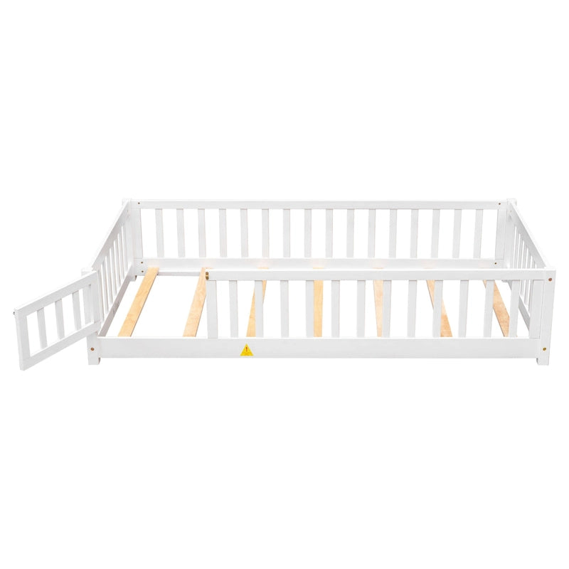 Lit jumeau au sol avec clôture et porte, 1 enfant, coloris naturel/expresso/blanc/gris