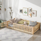 Lit jumeau au sol avec clôture et porte, 1 enfant, coloris naturel/expresso/blanc/gris