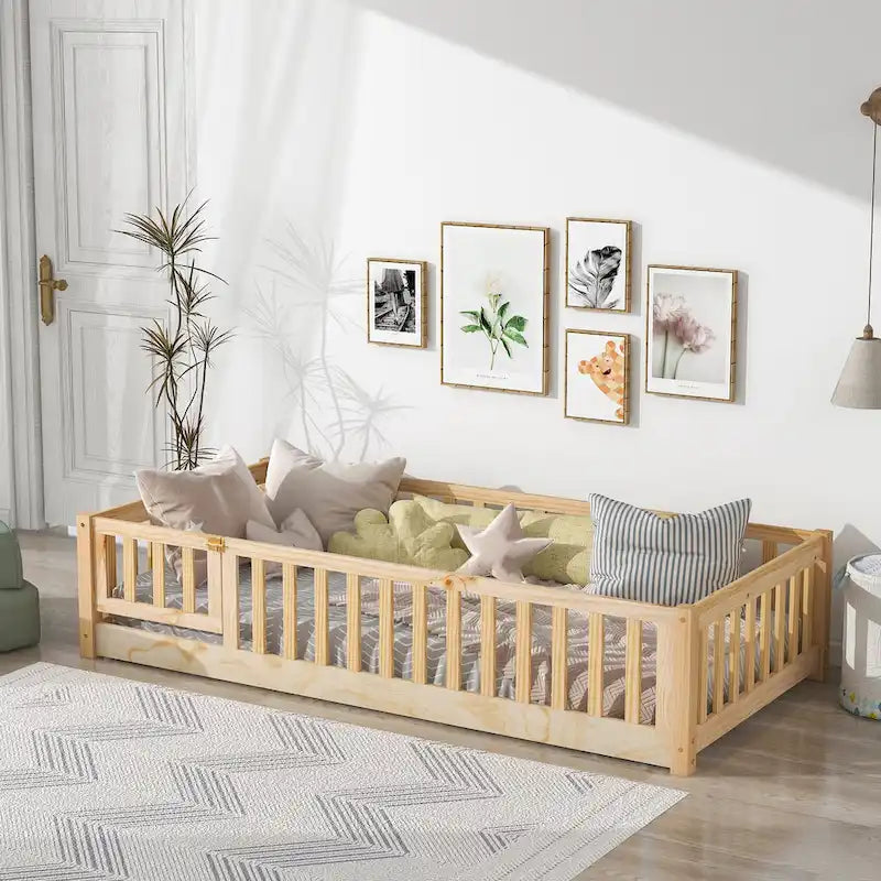 Lit jumeau au sol avec clôture et porte, 1 enfant, coloris naturel/expresso/blanc/gris
