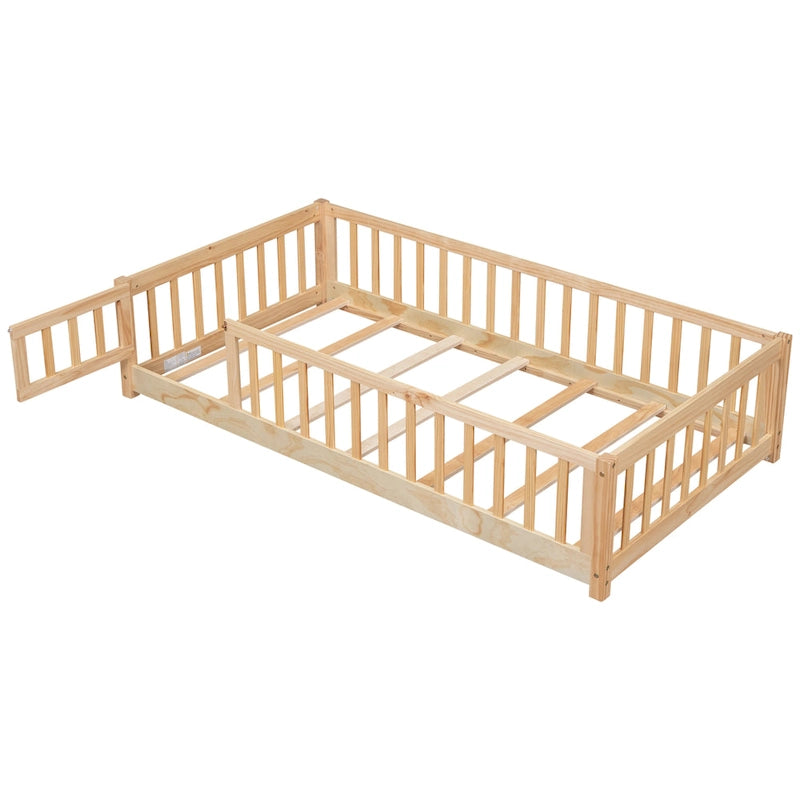 Lit jumeau au sol avec clôture et porte, 1 enfant, coloris naturel/expresso/blanc/gris